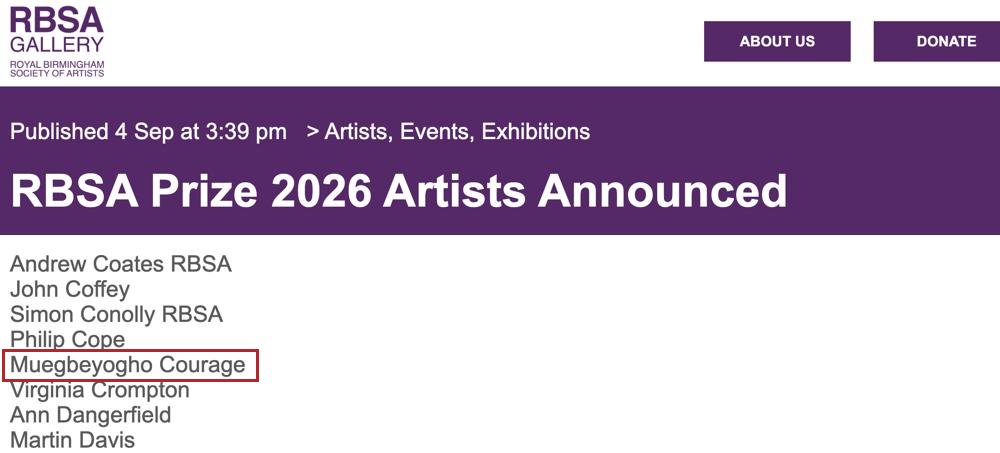 RBSA Prize 2026 announcement listing Muegbeyogho Courage